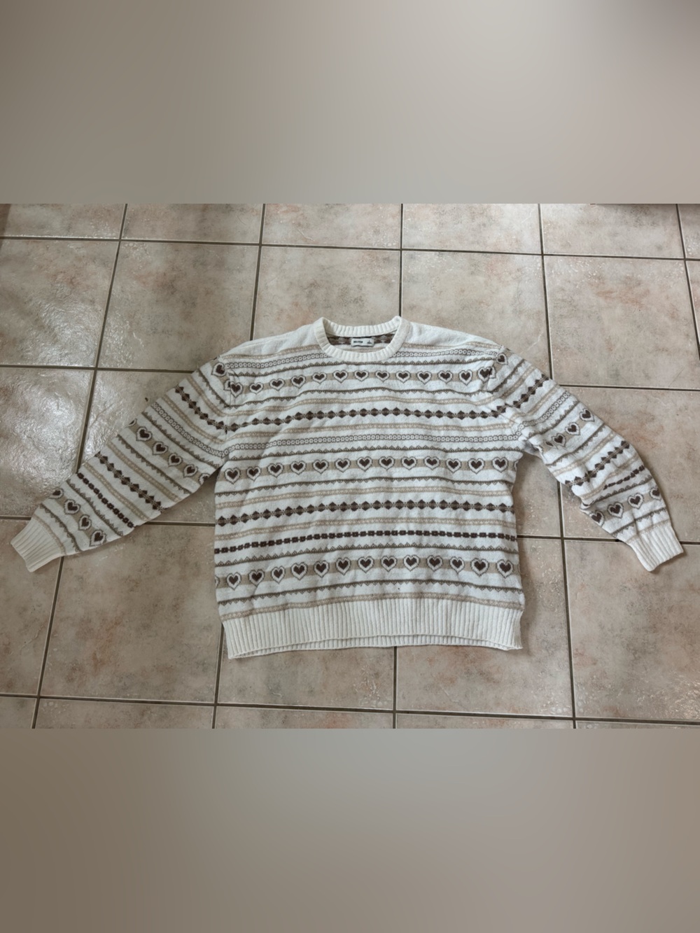 Hollister Cream Knit Crew with Brown Heart Stripes